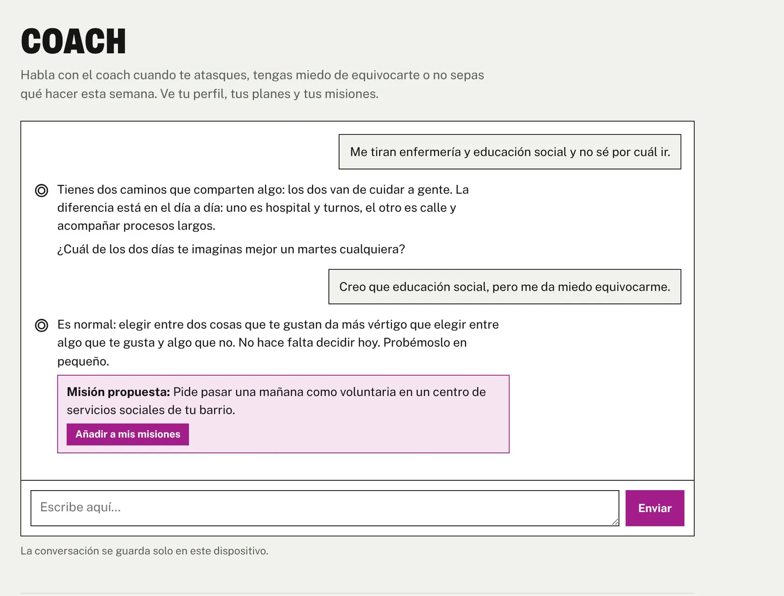 La app: conversación de ejemplo con el coach, que propone una misión.