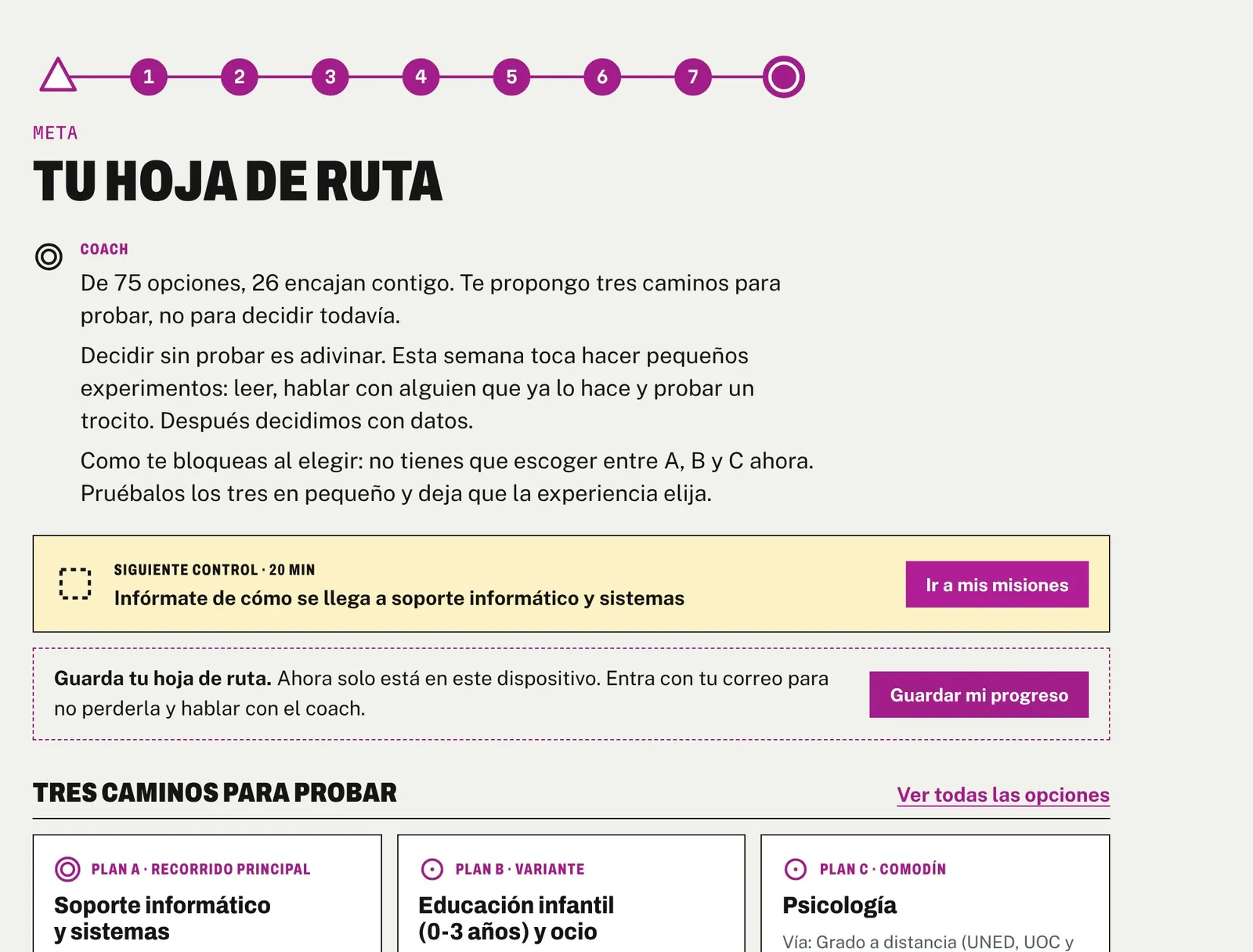 La hoja de ruta de la app: el coach resume tu situación y propone el siguiente control.