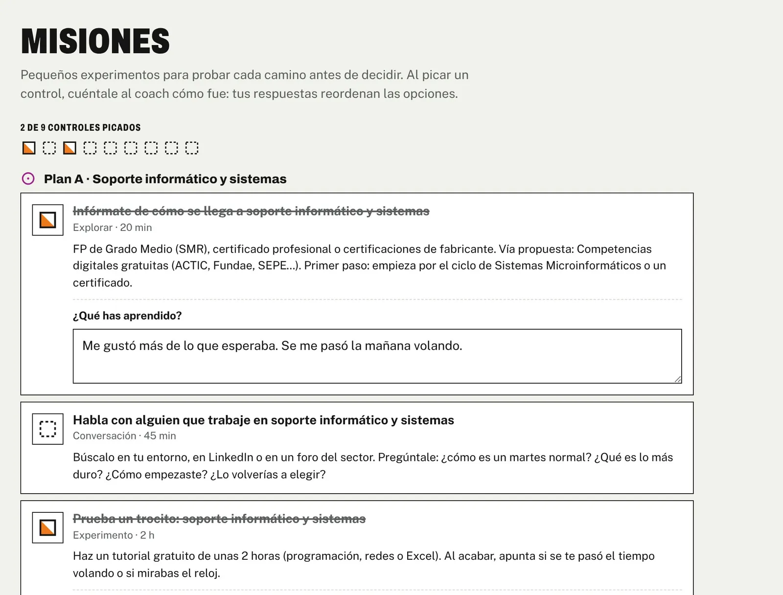 La app: misiones de la semana, dos ya picadas.