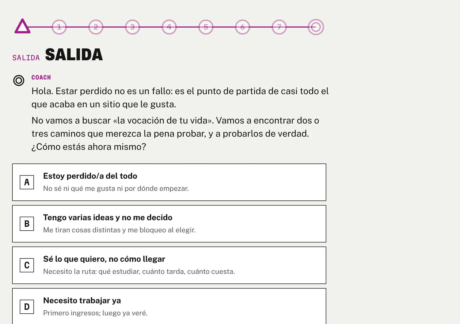 La app: el coach saluda y pregunta cómo estás, con cuatro respuestas para elegir.